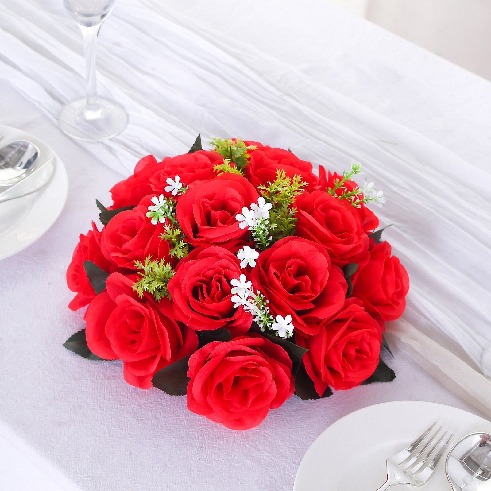 Red silk rose flower ball centerpiece arrangement.