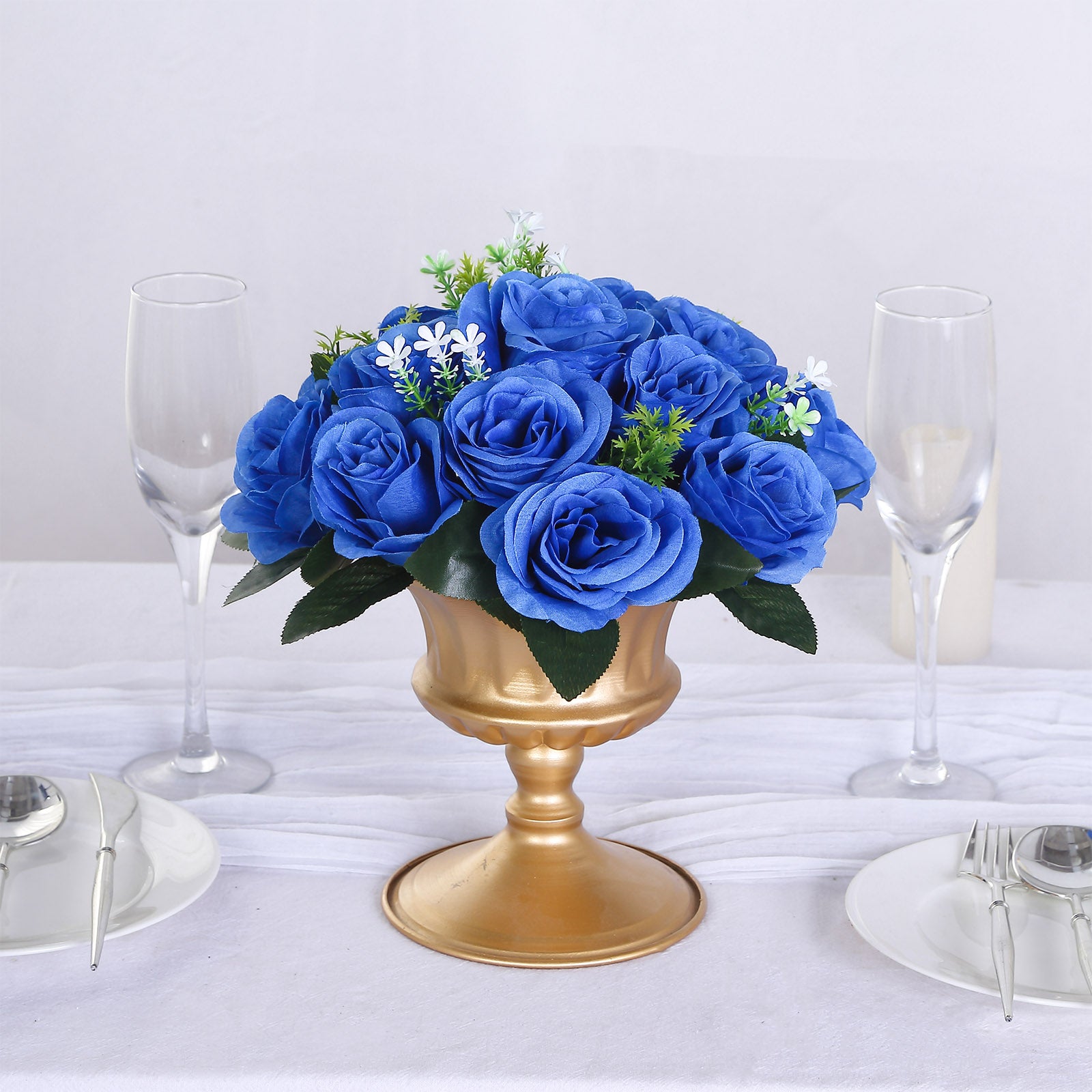 Royal blue silk rose flower ball centerpiece arrangement.
