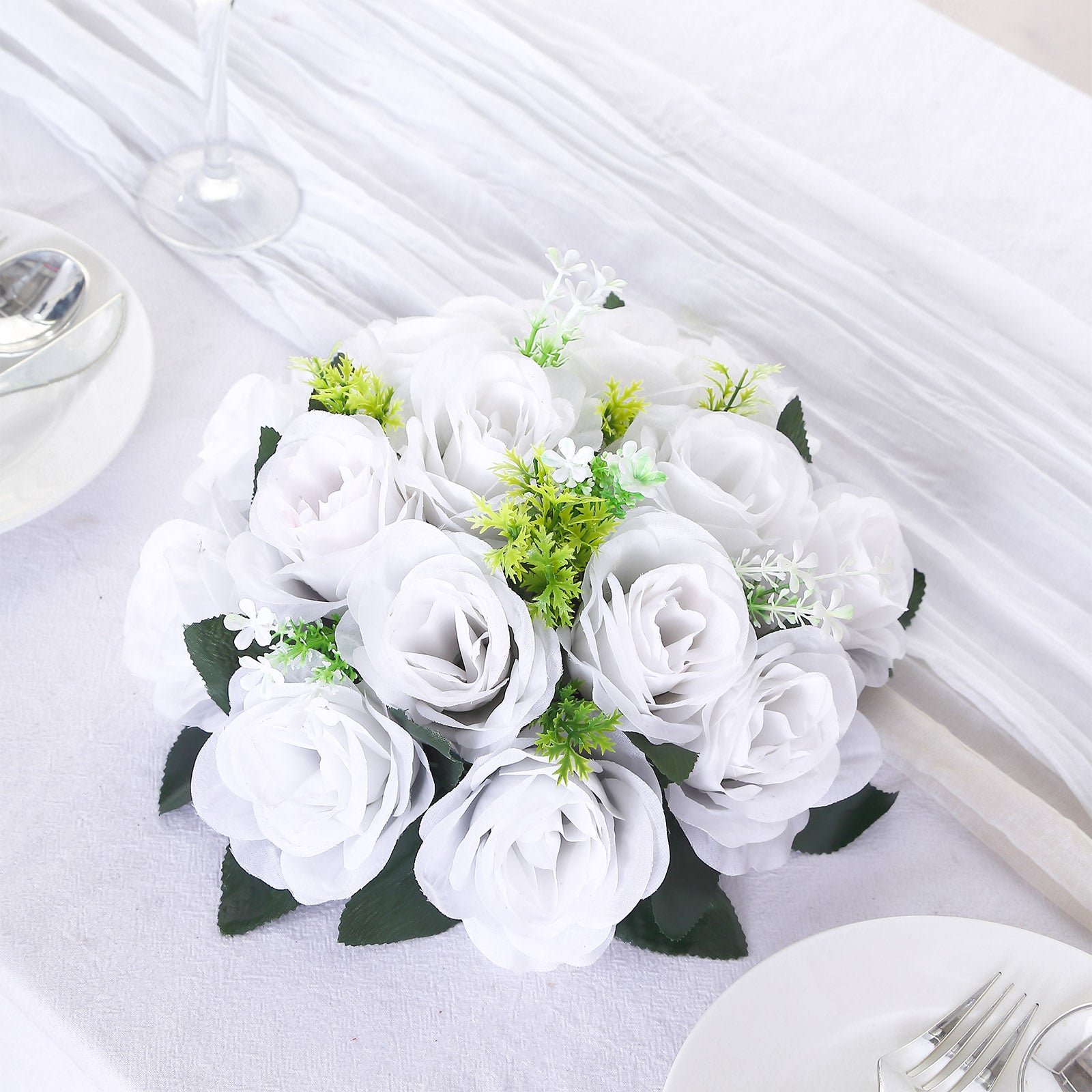 White silk rose flower ball centerpiece arrangement.
