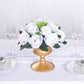 White silk 15-head rose flower ball centerpiece arrangement in gold vase.