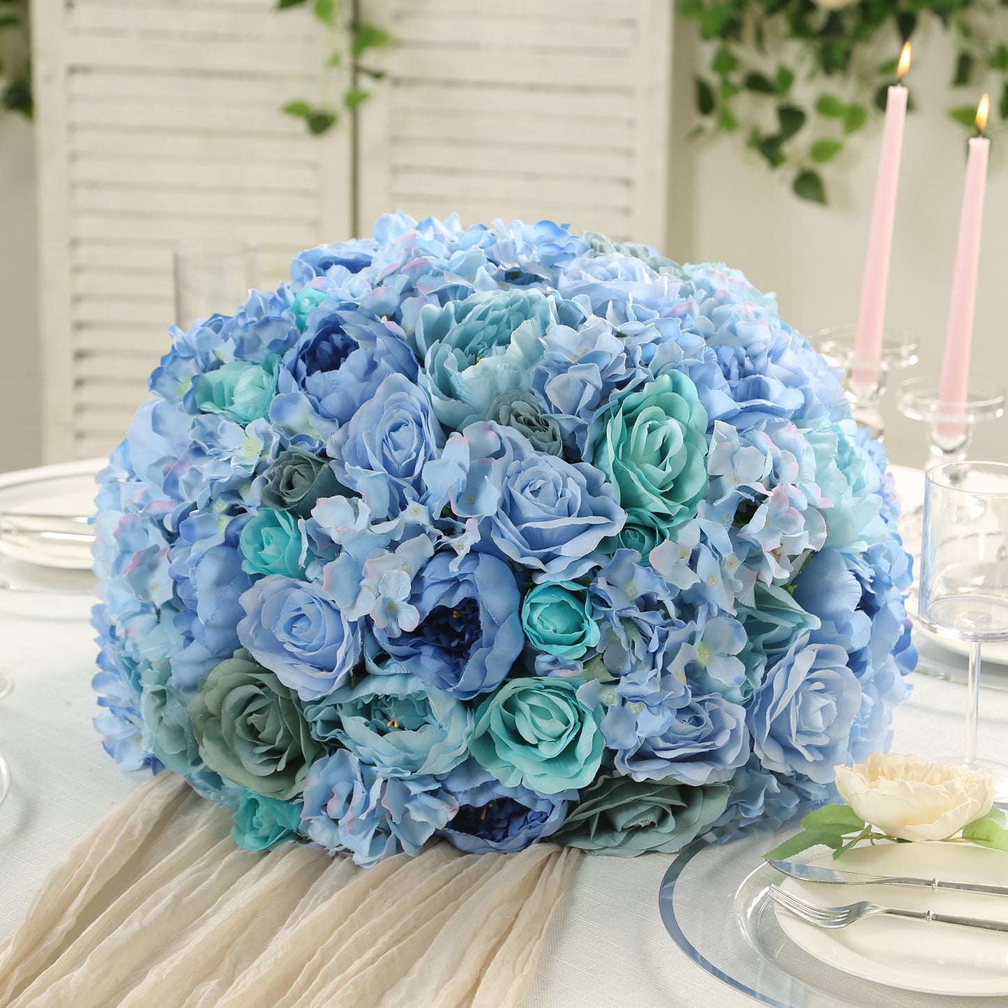 Pre-Arranged Silk Rose Wedding Centerpiece, Blue Artificial Rose Flower Balls Arrangement Table Decor - 20"