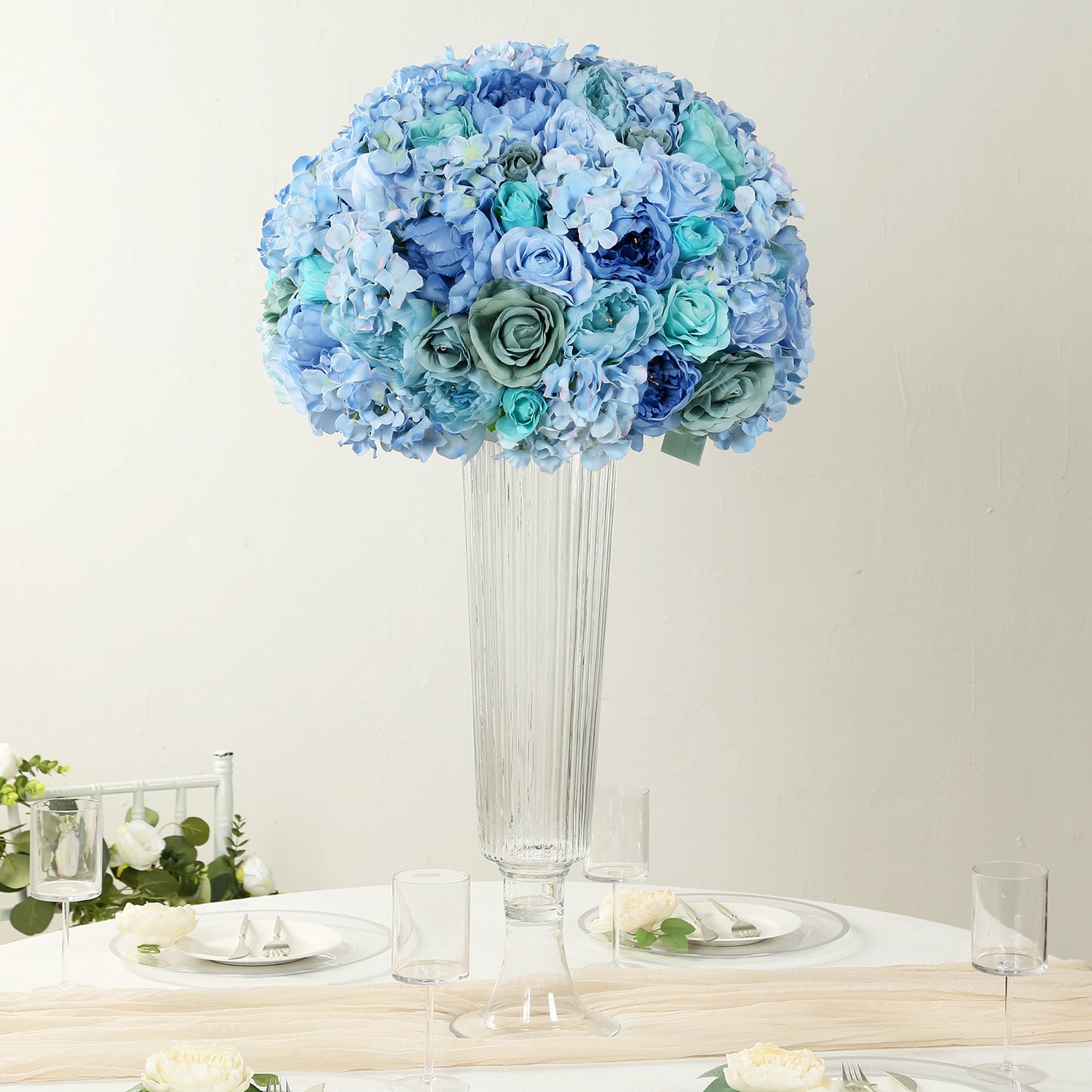 Pre-Arranged Silk Rose Wedding Centerpiece, Blue Artificial Rose Flower Balls Arrangement Table Decor - 20"