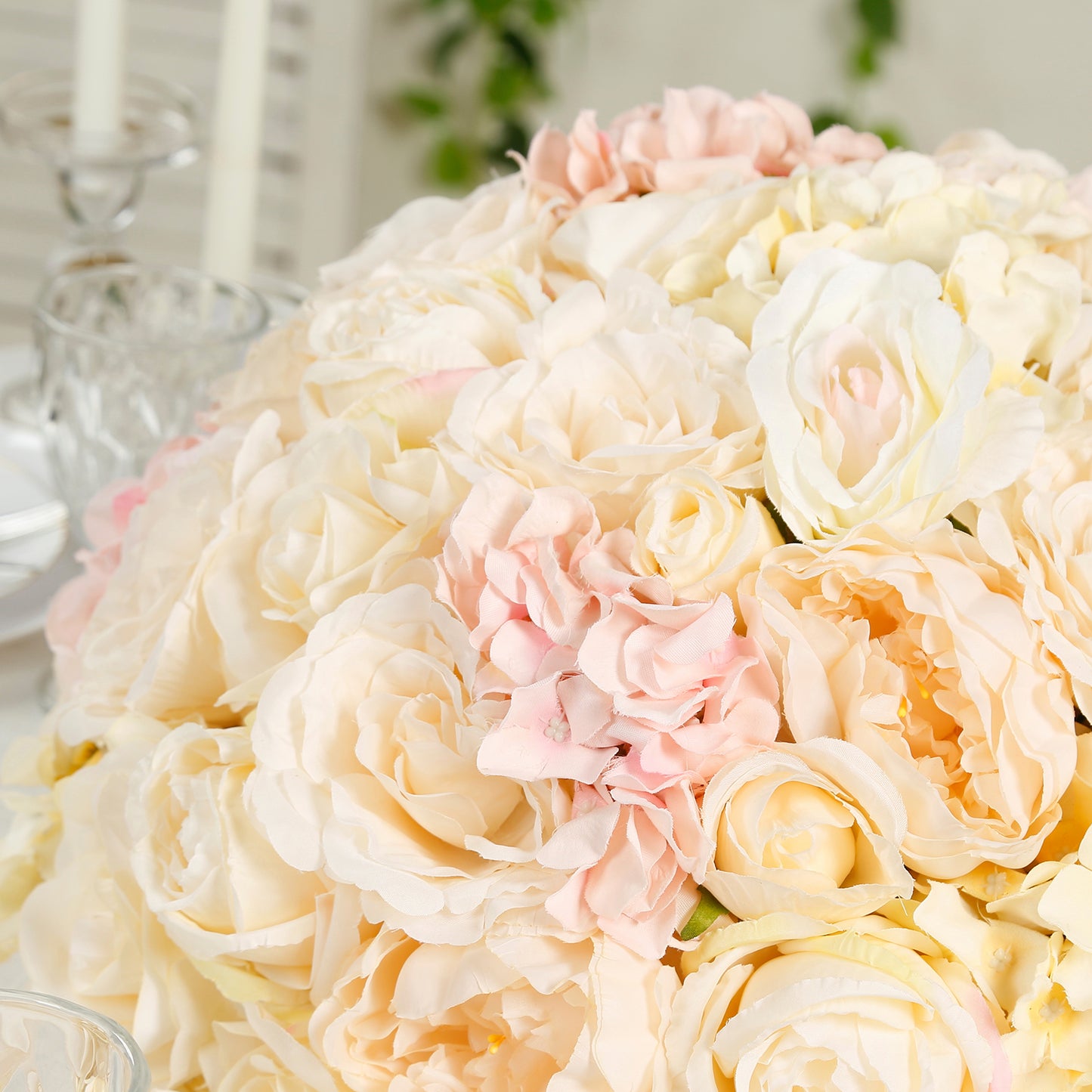 Pre-Arranged Silk Rose Wedding Centerpiece, Cream Artificial Rose Flower Balls Arrangement Table Decor - 20"