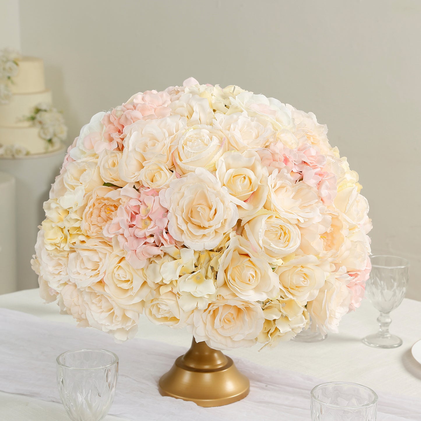 Pre-Arranged Silk Rose Wedding Centerpiece, Cream Artificial Rose Flower Balls Arrangement Table Decor - 20"