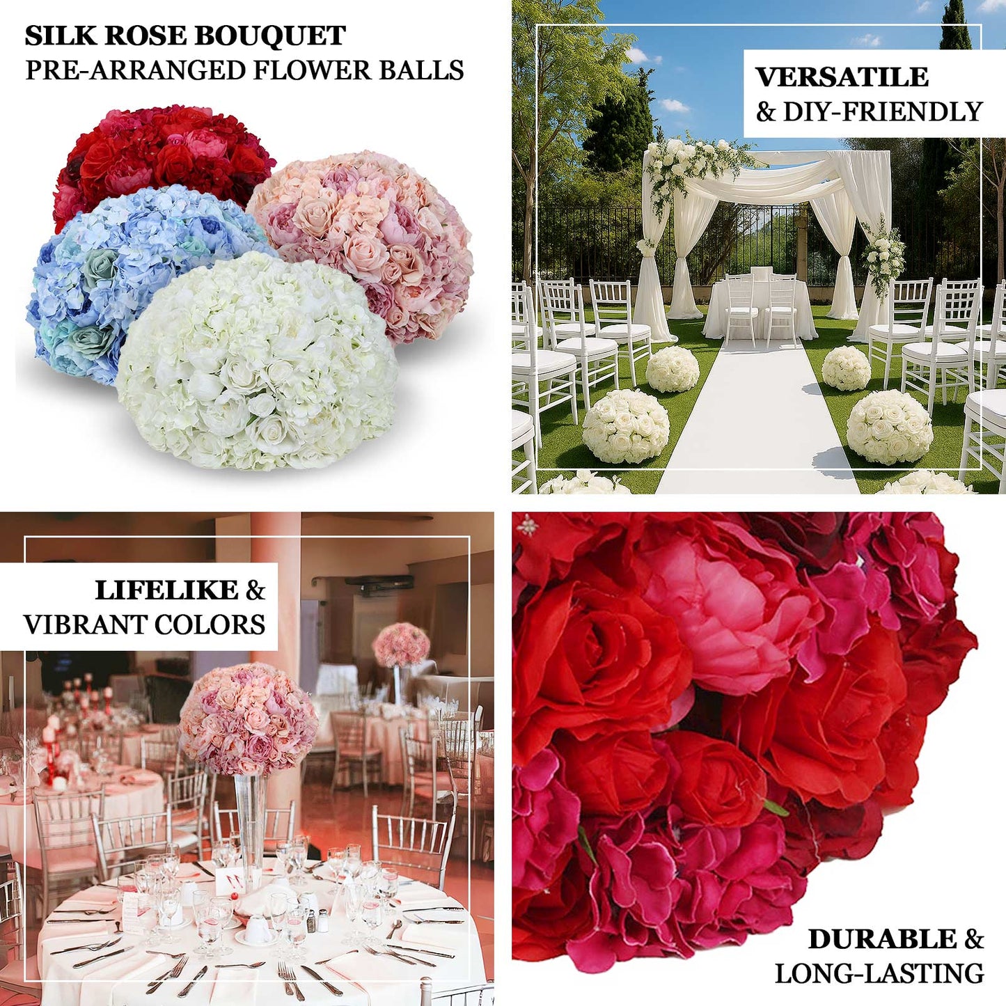 Pre-Arranged Silk Rose Wedding Centerpiece, Artificial Rose Flower Balls Arrangement Table Decor - 20"