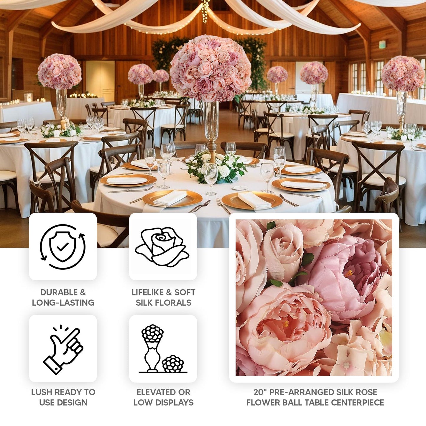 Pre-Arranged Silk Rose Wedding Centerpiece, Artificial Rose Flower Balls Arrangement Table Decor - 20"