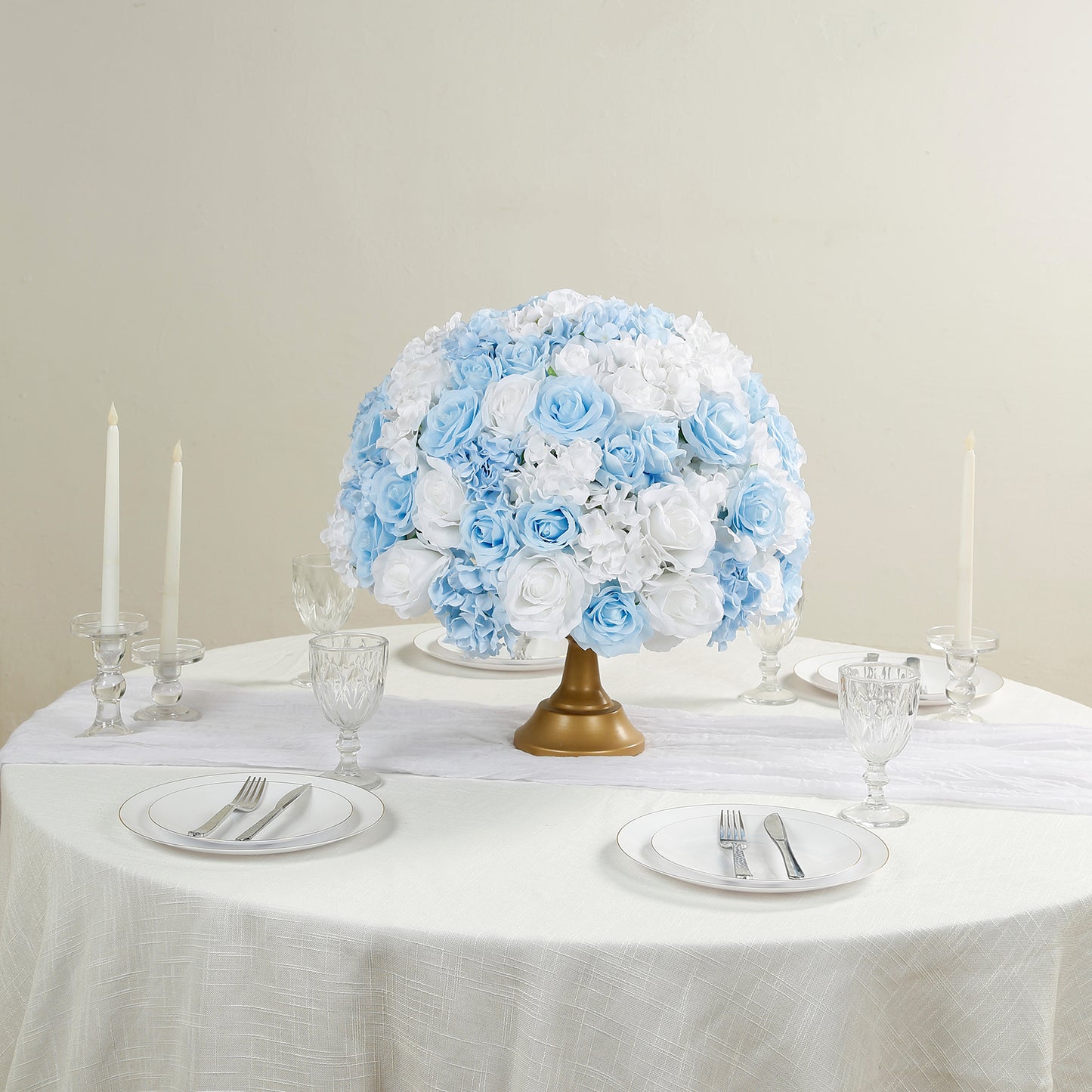 Pre-Arranged Silk Rose Wedding Centerpiece, Light Blue Artificial Rose Flower Balls Arrangement Table Decor - 20"
