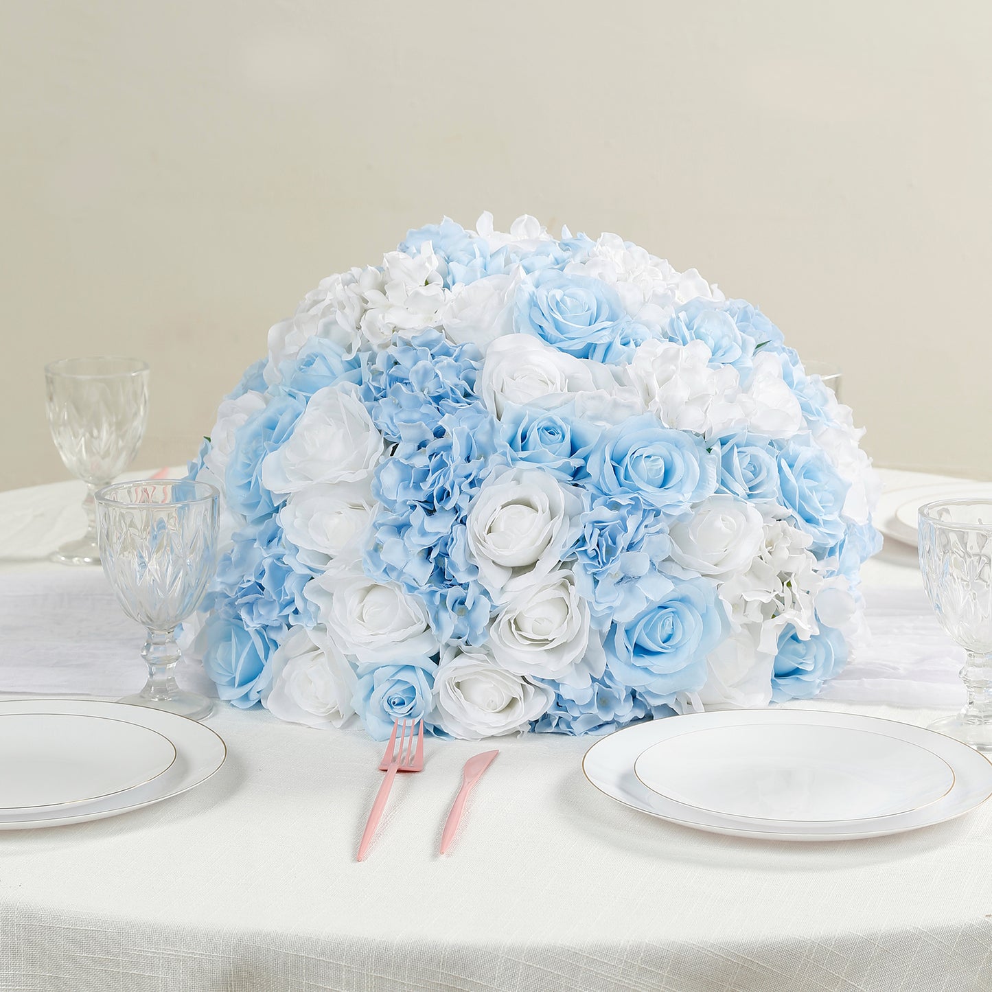 Pre-Arranged Silk Rose Wedding Centerpiece, Light Blue Artificial Rose Flower Balls Arrangement Table Decor - 20"