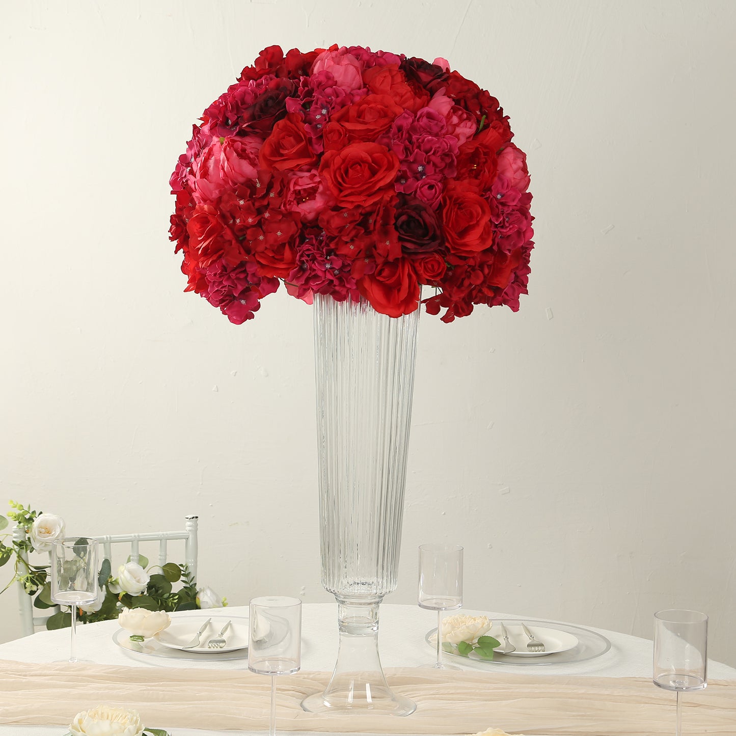 Pre-Arranged Silk Rose Wedding Centerpiece, Red Artificial Rose Flower Balls Arrangement Table Decor - 20"