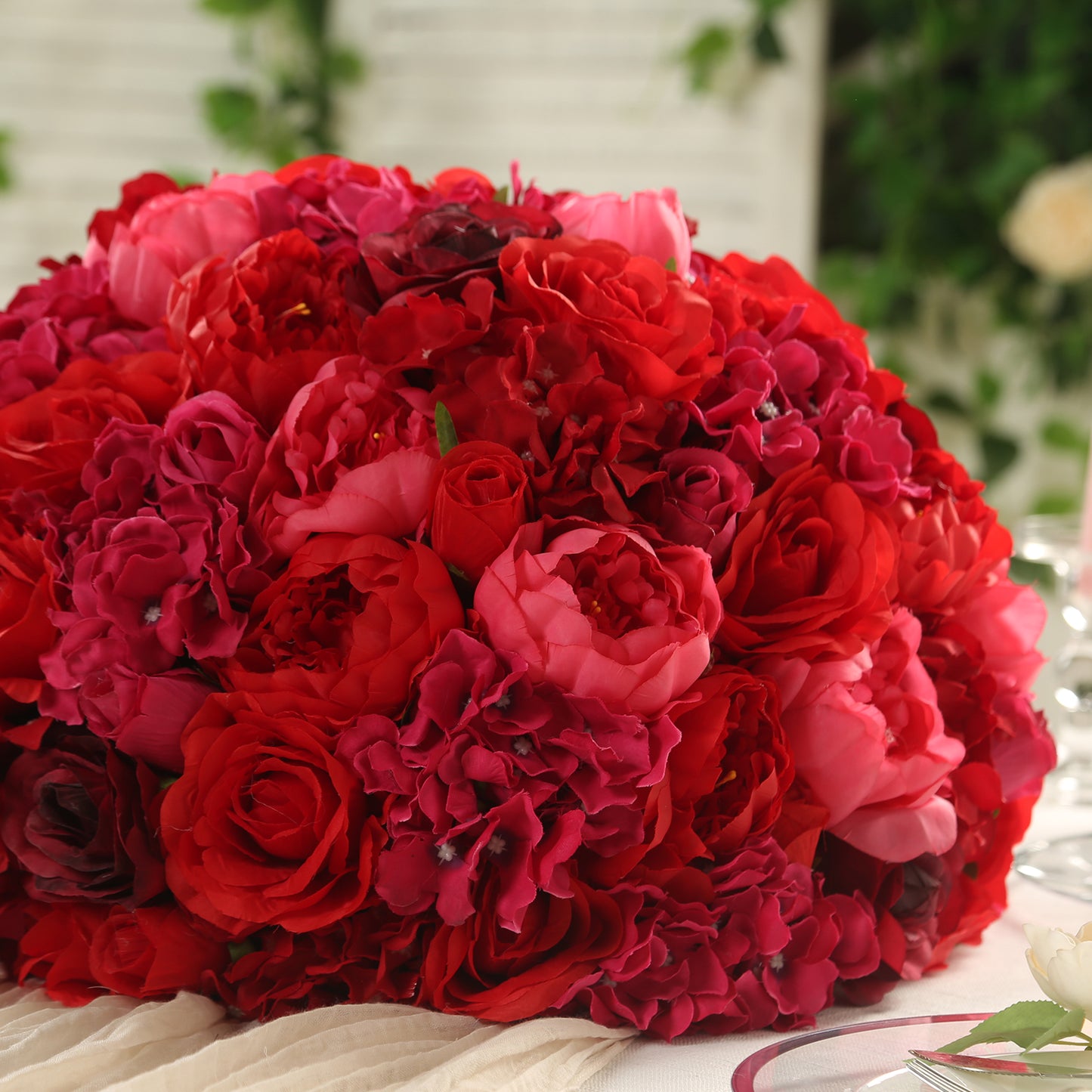 Pre-Arranged Silk Rose Wedding Centerpiece, Red Artificial Rose Flower Balls Arrangement Table Decor - 20"