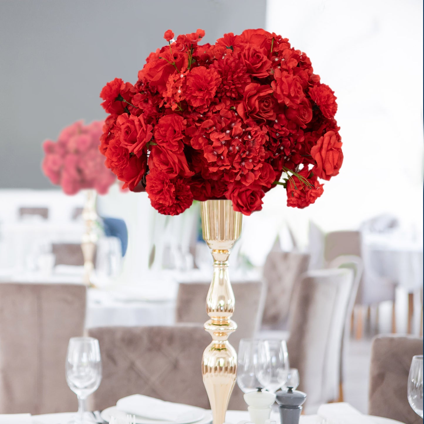 22-Inch Red Silk Flower Grand Centerpiece – Pre-Arranged Artificial Rose, Hydrangea & Chrysanthemum Ball for Wedding & Event Décor