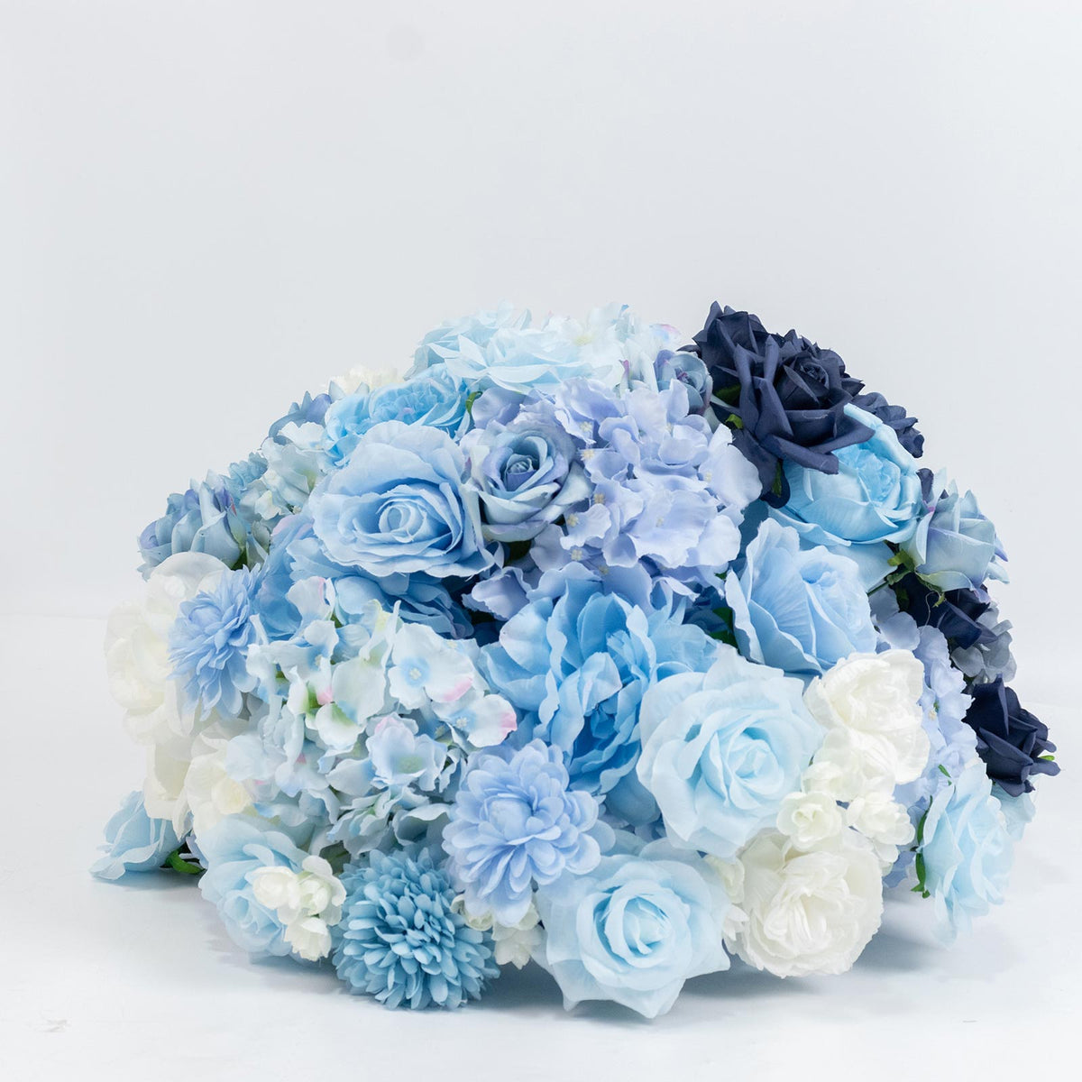 24" Pre-Arranged Silk Floral Centerpiece in Mixed Blue & White - Artificial Rose, Hydrangea & Chrysa