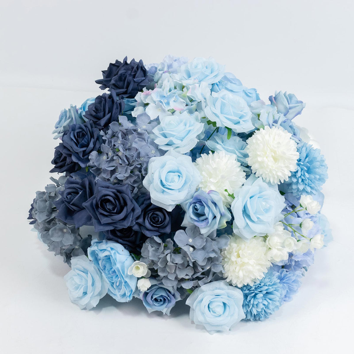 24" Pre-Arranged Silk Floral Centerpiece in Mixed Blue & White - Artificial Rose, Hydrangea & Chrysa