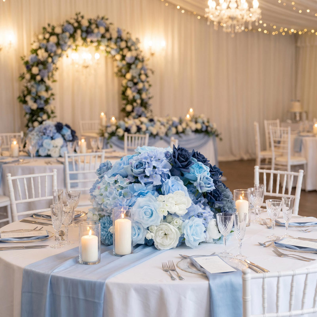 24" Pre-Arranged Silk Floral Centerpiece in Mixed Blue & White - Artificial Rose, Hydrangea & Chrysa