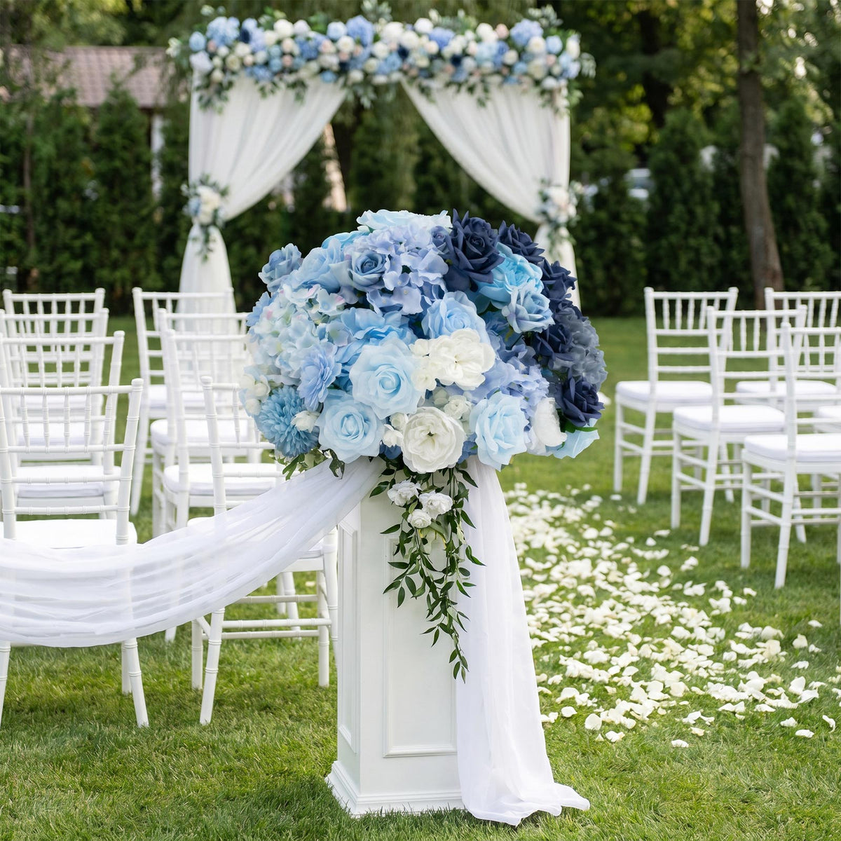 24" Pre-Arranged Silk Floral Centerpiece in Mixed Blue & White - Artificial Rose, Hydrangea & Chrysa