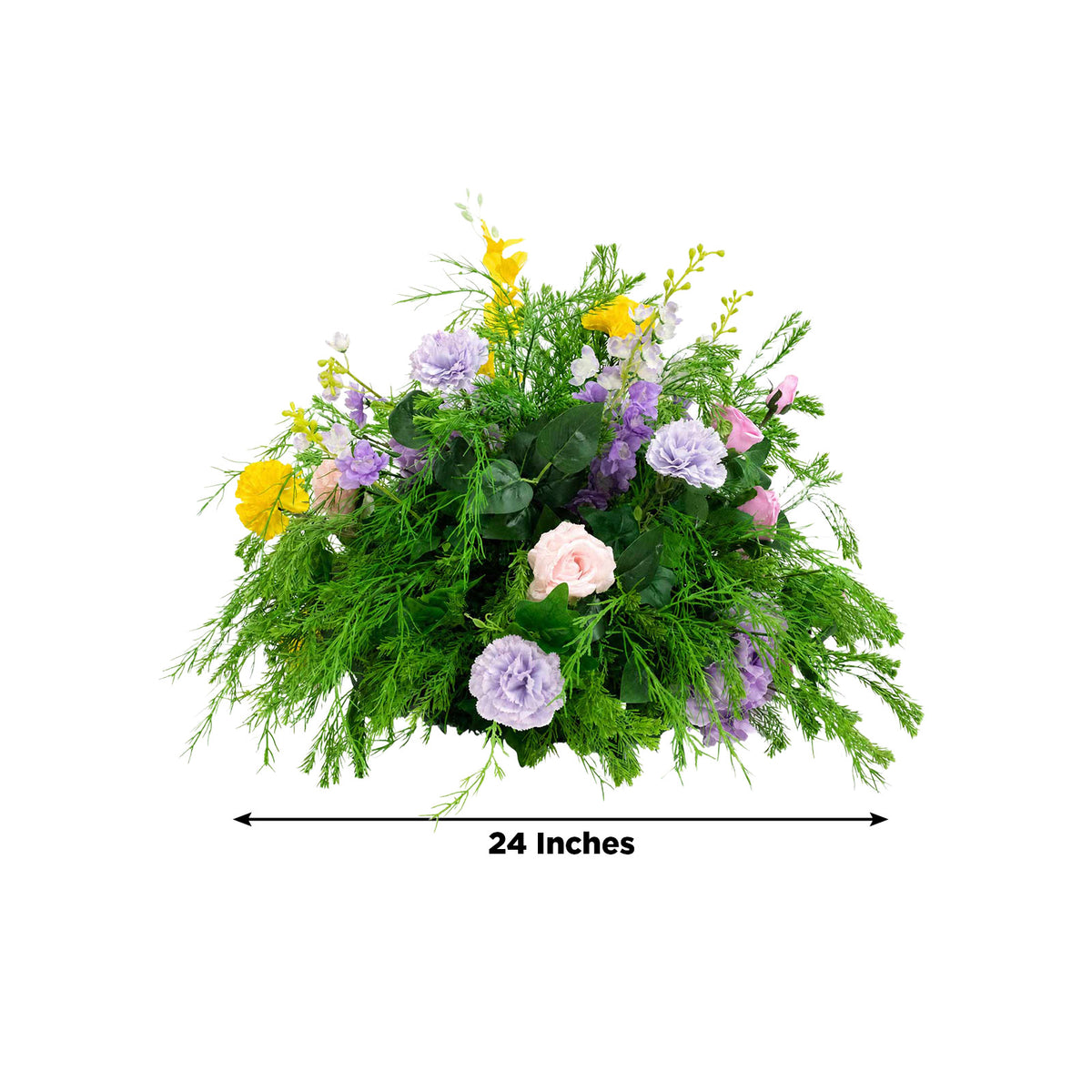 24" Pre-Arranged Silk Floral Centerpiece in Mixed Greenery, Lavender & Yellow - Artificial Carnation