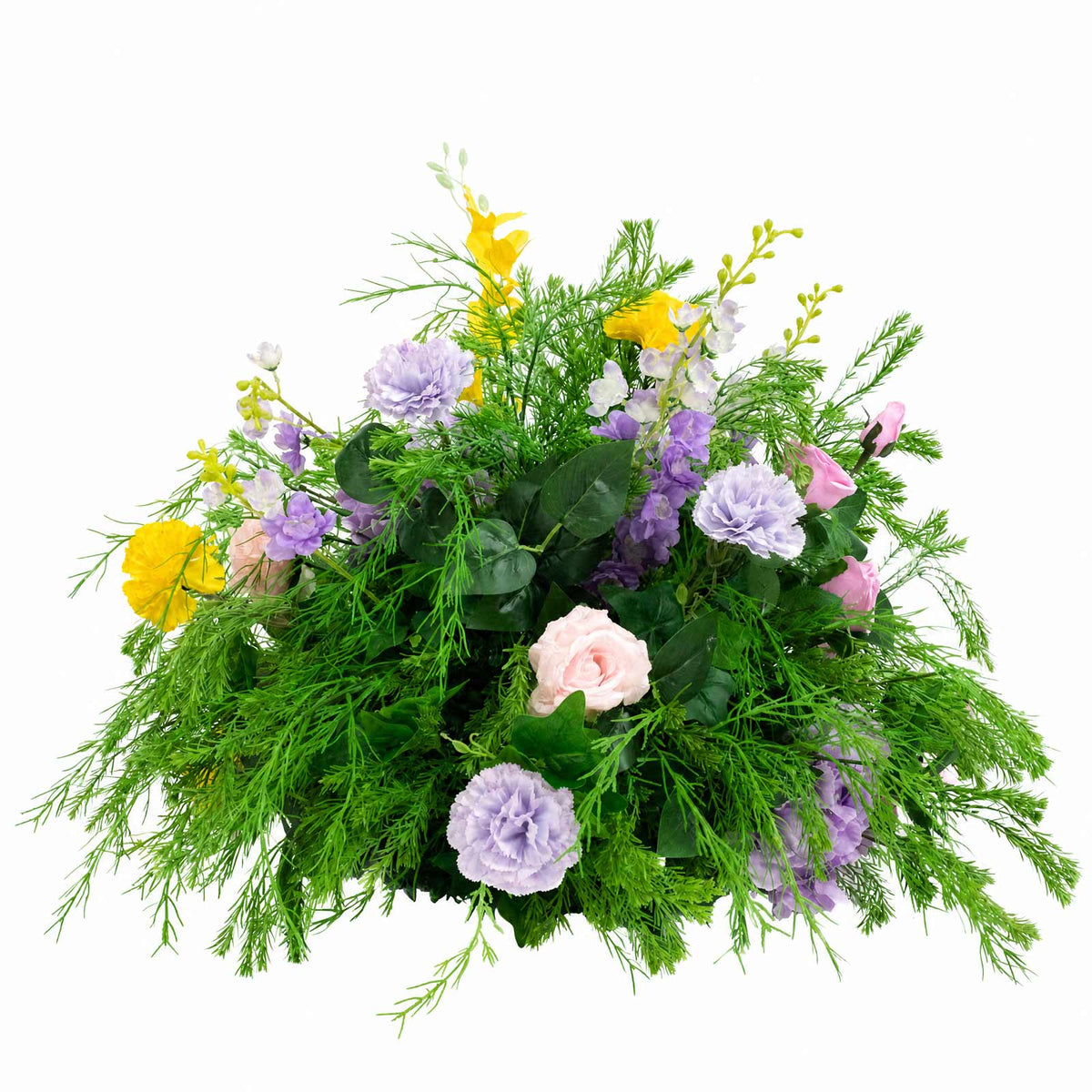24" Pre-Arranged Silk Floral Centerpiece in Mixed Greenery, Lavender & Yellow - Artificial Carnation