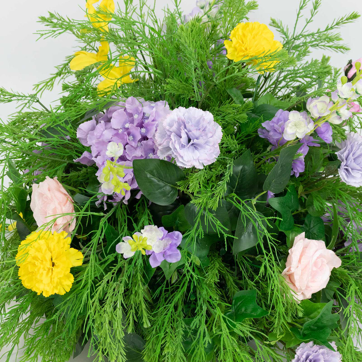 24" Pre-Arranged Silk Floral Centerpiece in Mixed Greenery, Lavender & Yellow - Artificial Carnation