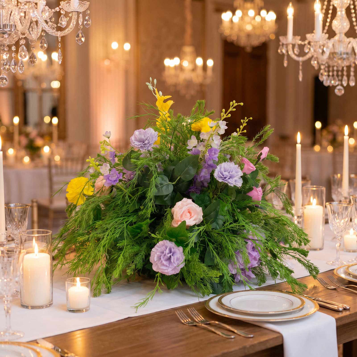24" Pre-Arranged Silk Floral Centerpiece in Mixed Greenery, Lavender & Yellow - Artificial Carnation