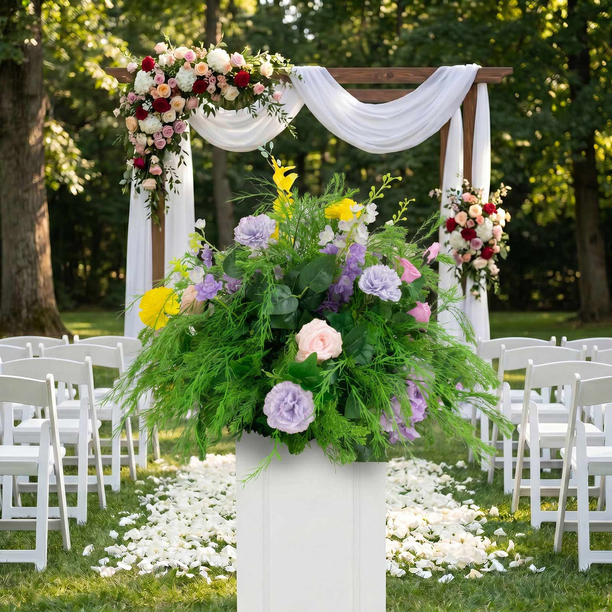 24" Pre-Arranged Silk Floral Centerpiece in Mixed Greenery, Lavender & Yellow - Artificial Carnation