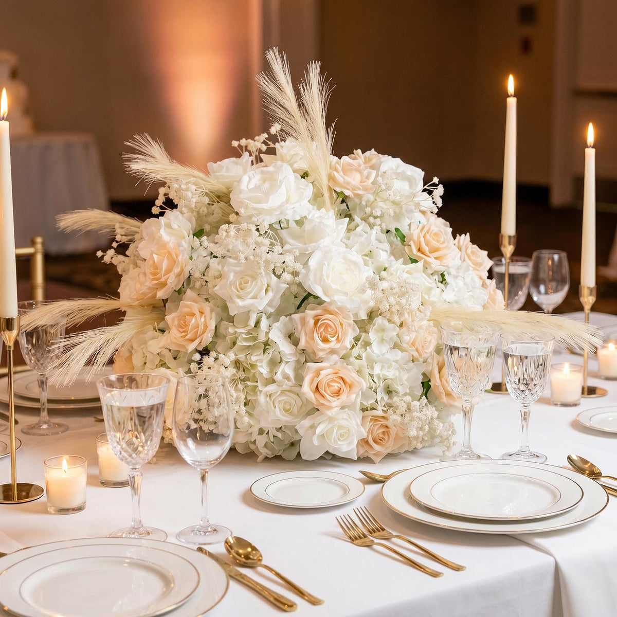 24" Pre-Arranged Silk Floral Centerpiece in Mixed Blush & White - Artificial Rose, Hydrangea, Pampas