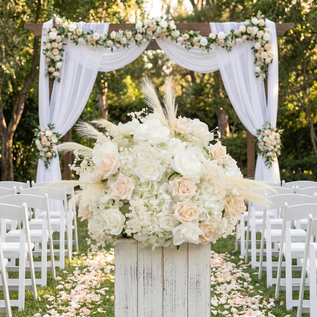 24" Pre-Arranged Silk Floral Centerpiece in Mixed Blush & White - Artificial Rose, Hydrangea, Pampas