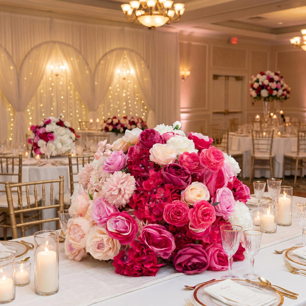 24" Pre-Arranged Silk Floral Centerpiece in Mixed Pink & White - Artificial Rose, Hydrangea & Peony 