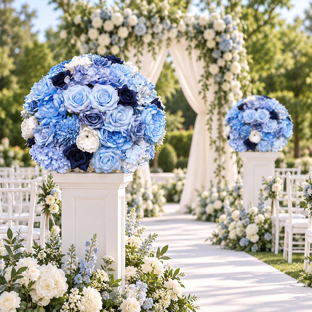 Pre-Arranged Silk Flower Grand Centerpiece in Mixed Blue – 30" Artificial Rose, Hydrangea & Chrysant