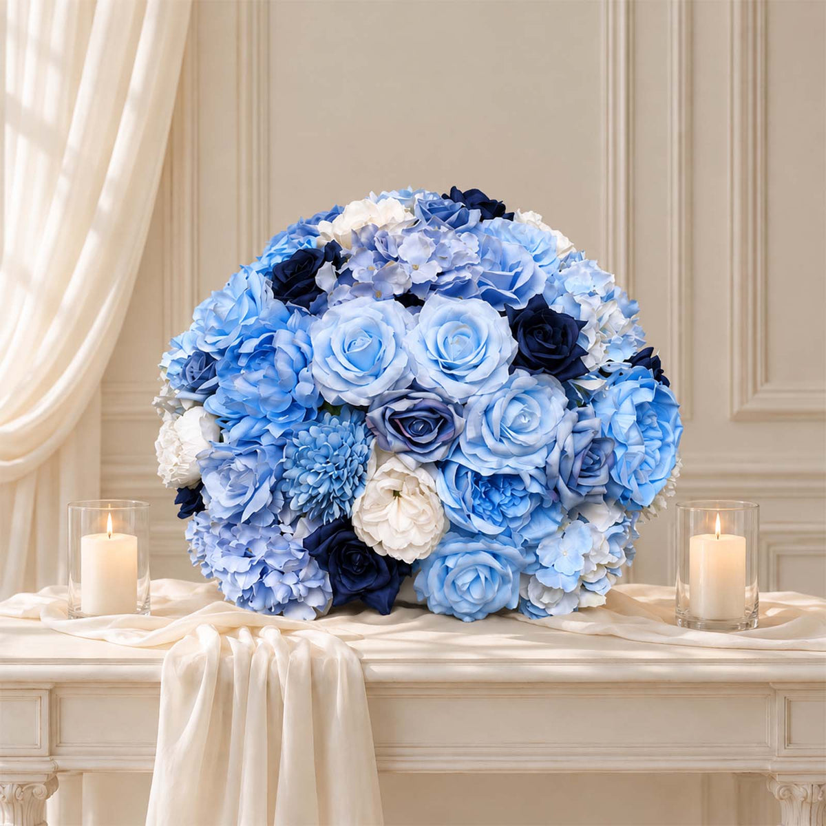 Pre-Arranged Silk Flower Grand Centerpiece in Mixed Blue – 30" Artificial Rose, Hydrangea & Chrysant