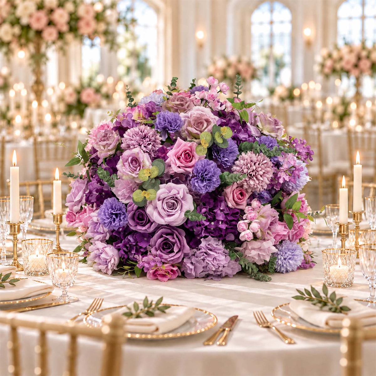 Pre-Arranged Silk Flower Grand Centerpiece in Mixed Lavender Lilac – 30" Artificial Rose, Hydrangea 