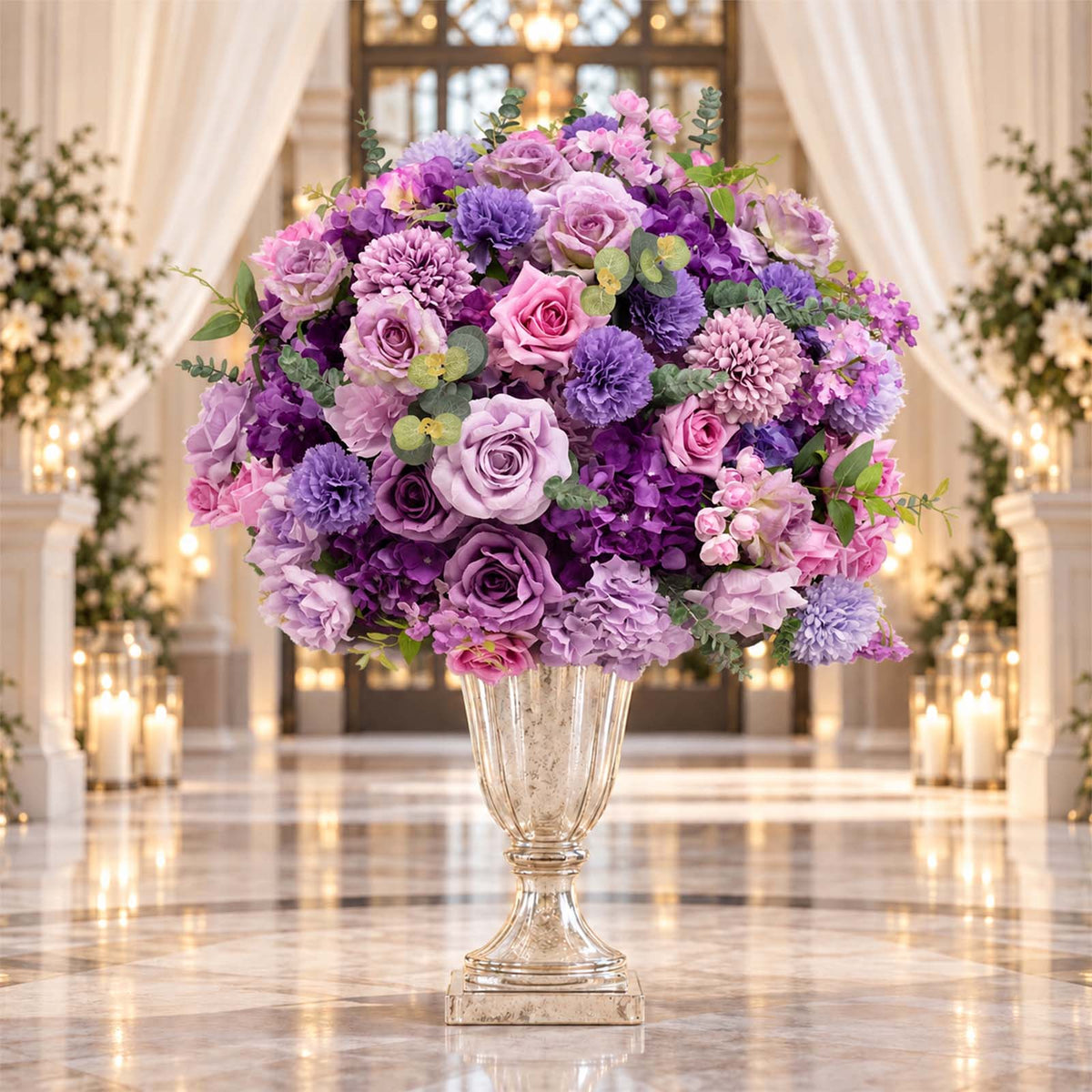 Pre-Arranged Silk Flower Grand Centerpiece in Mixed Lavender Lilac – 30" Artificial Rose, Hydrangea 