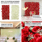 Red and white silk flower wall panel backdrop with roses and baby's breath.