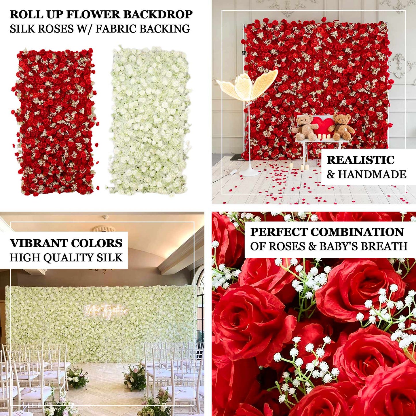 Red and white silk flower wall panel backdrop with roses and baby's breath.