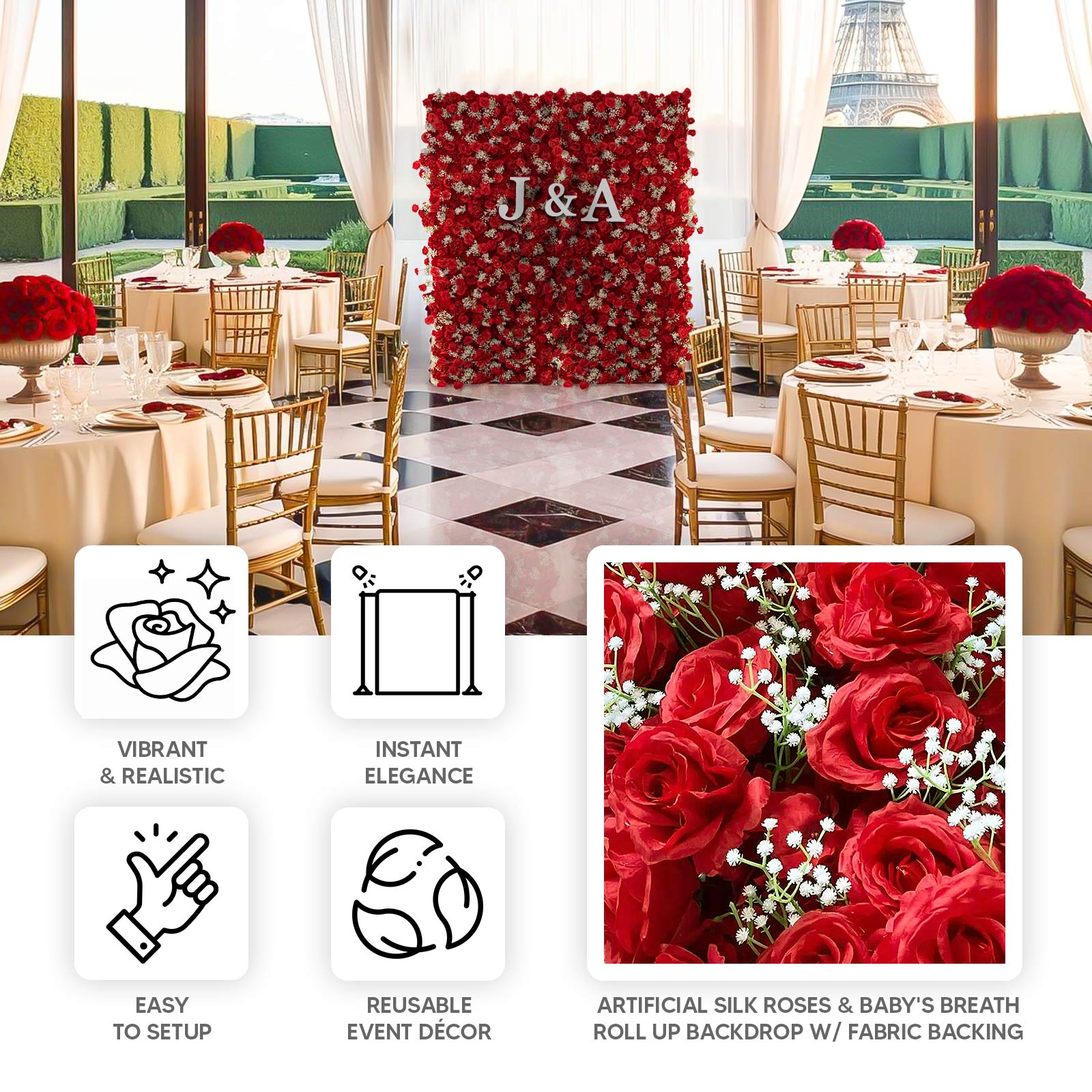Red silk rose wall panel backdrop for events with baby's breath accents.