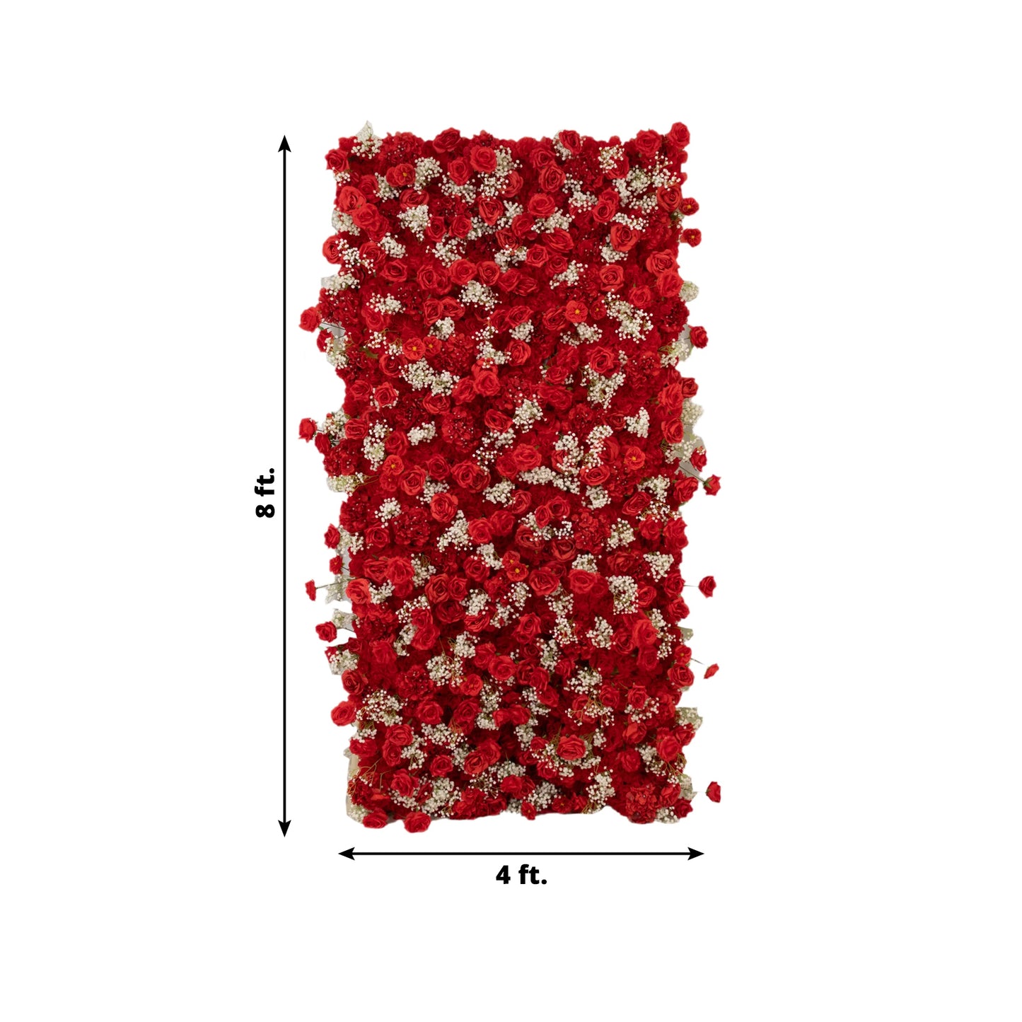 Red silk rose wall panel backdrop with baby's breath, 8ft x 4ft.