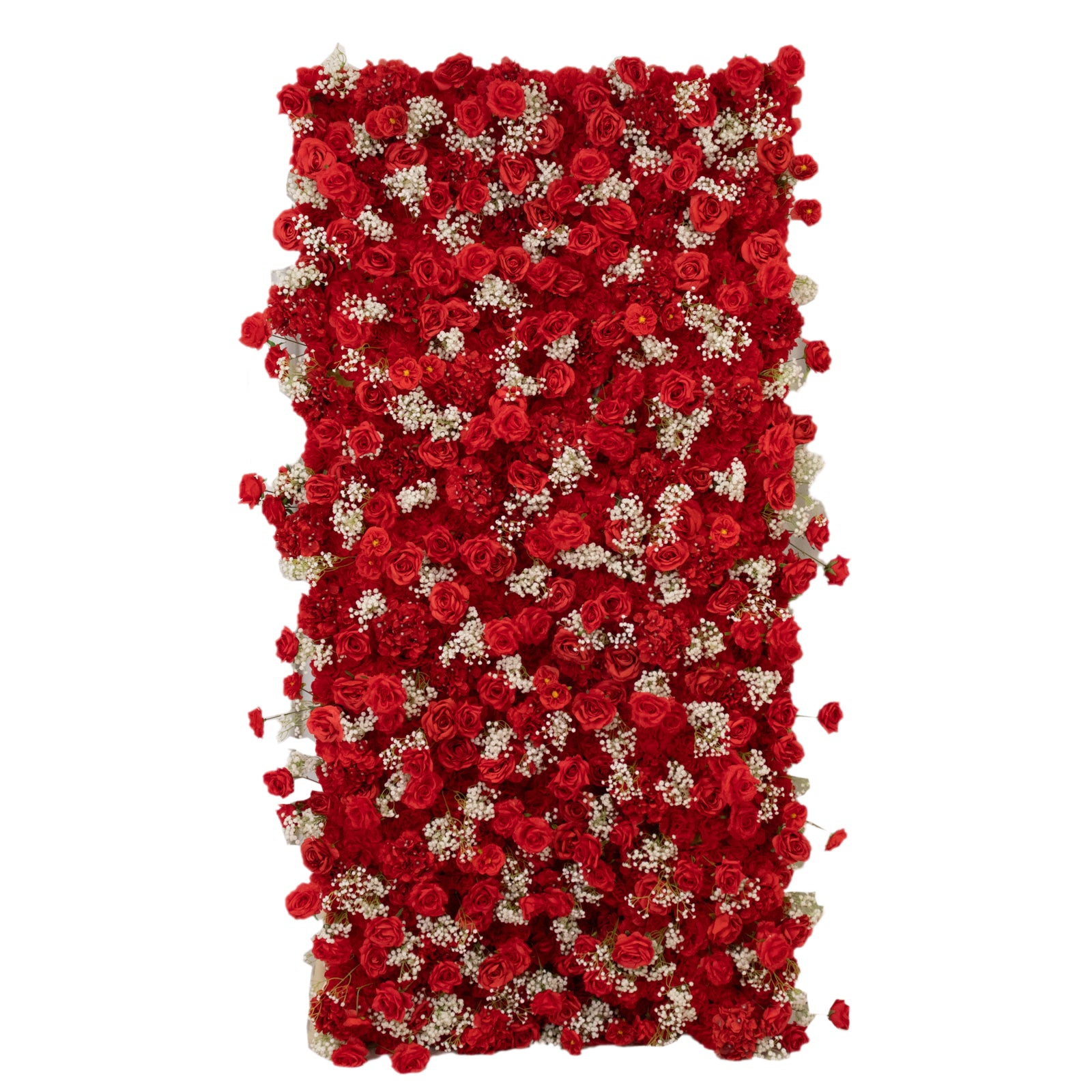 Red floral wall panel backdrop with silk roses and baby's breath.