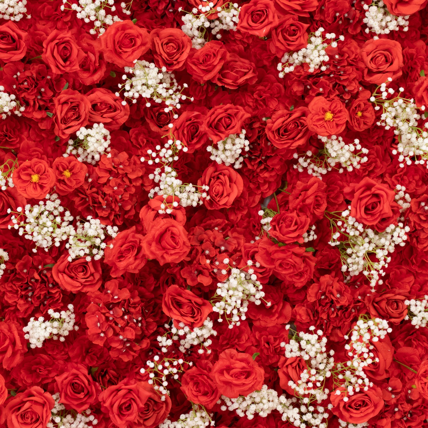 Red silk roses and baby's breath wall panel backdrop.
