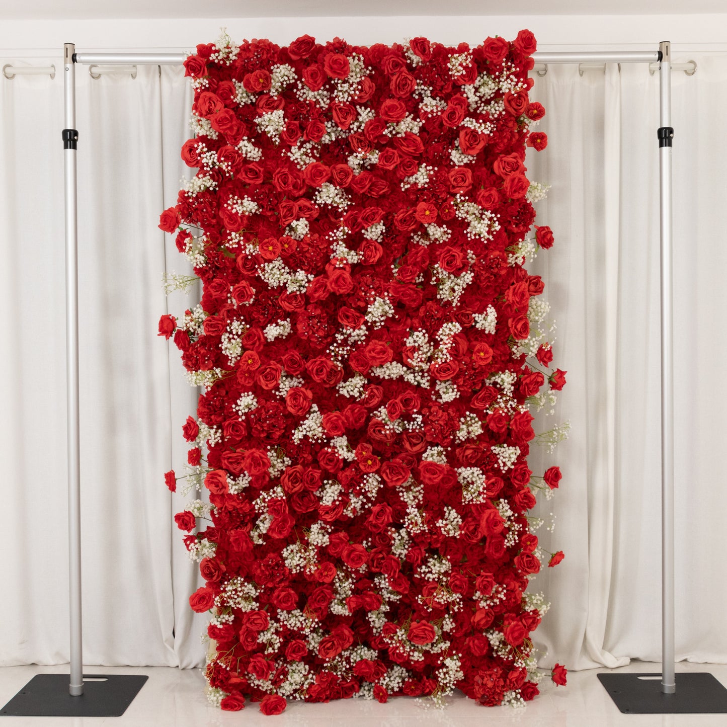 Red silk roses and baby's breath flower wall backdrop, 8ftx4ft.