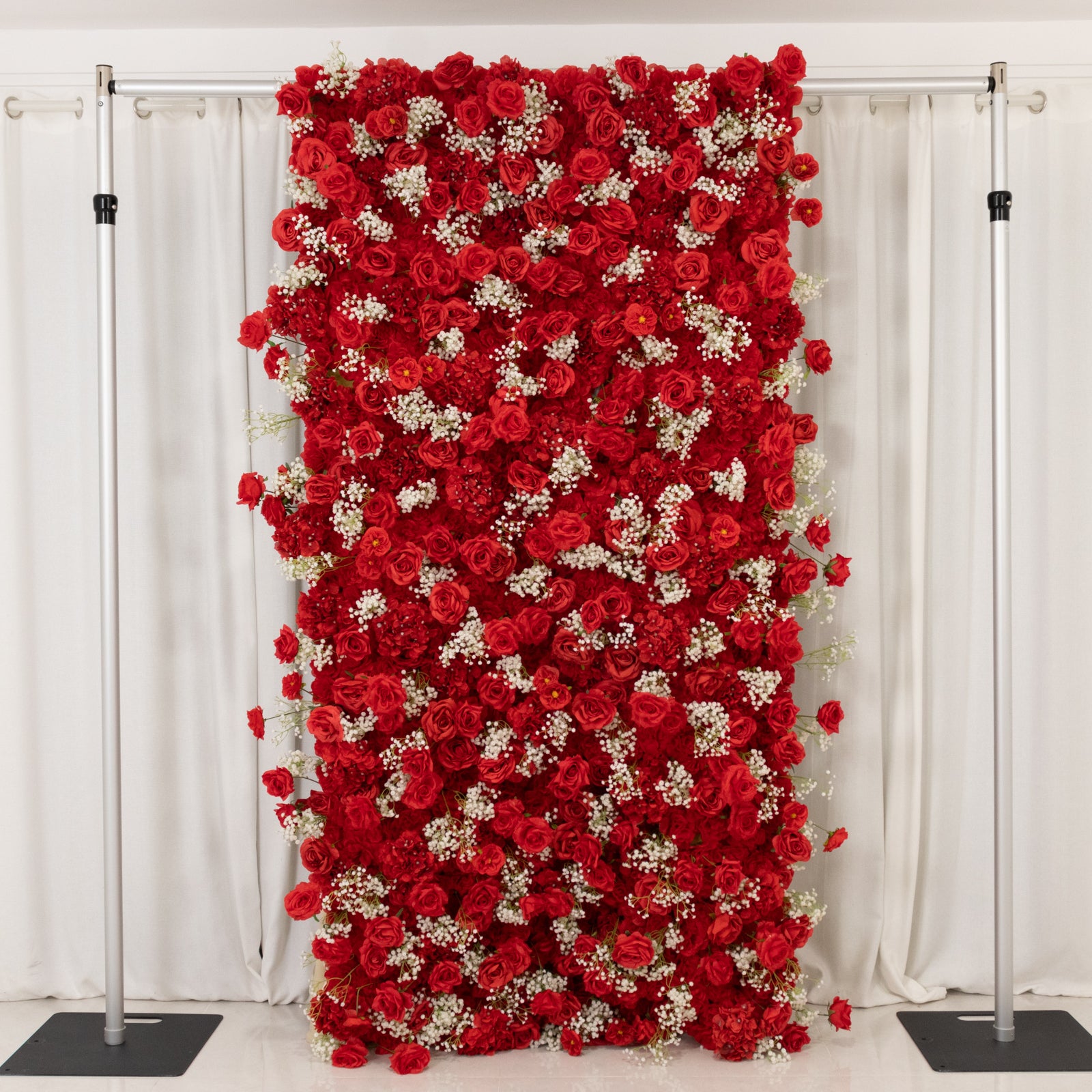Red silk roses and baby's breath flower wall backdrop, 8ftx4ft.