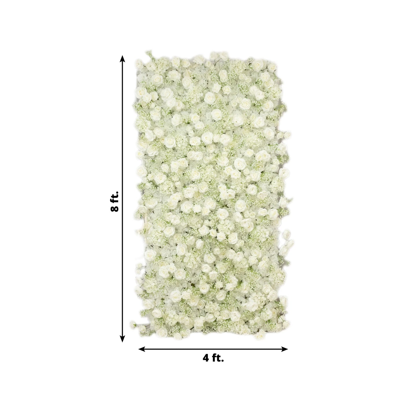 White silk roses and baby's breath artificial flower wall panel backdrop.