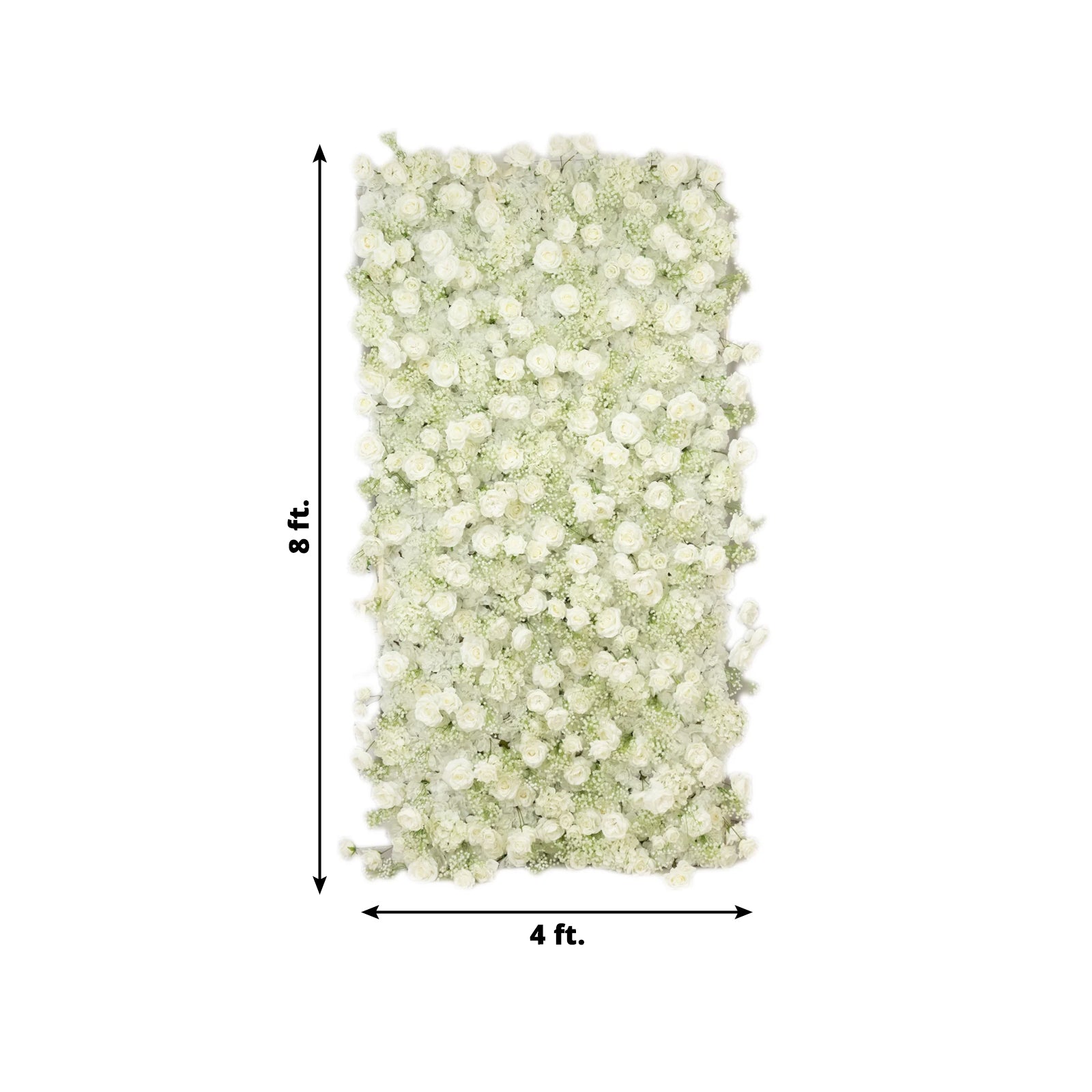 White silk roses and baby's breath artificial flower wall panel backdrop.