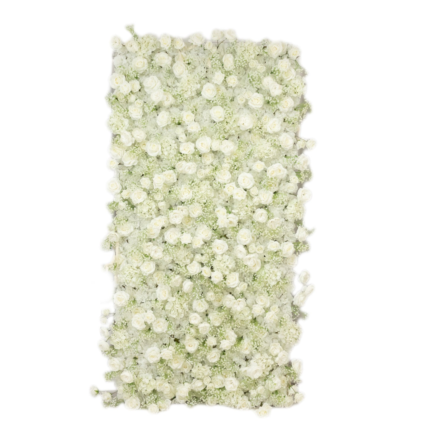 White silk rose wall panel backdrop with baby's breath.