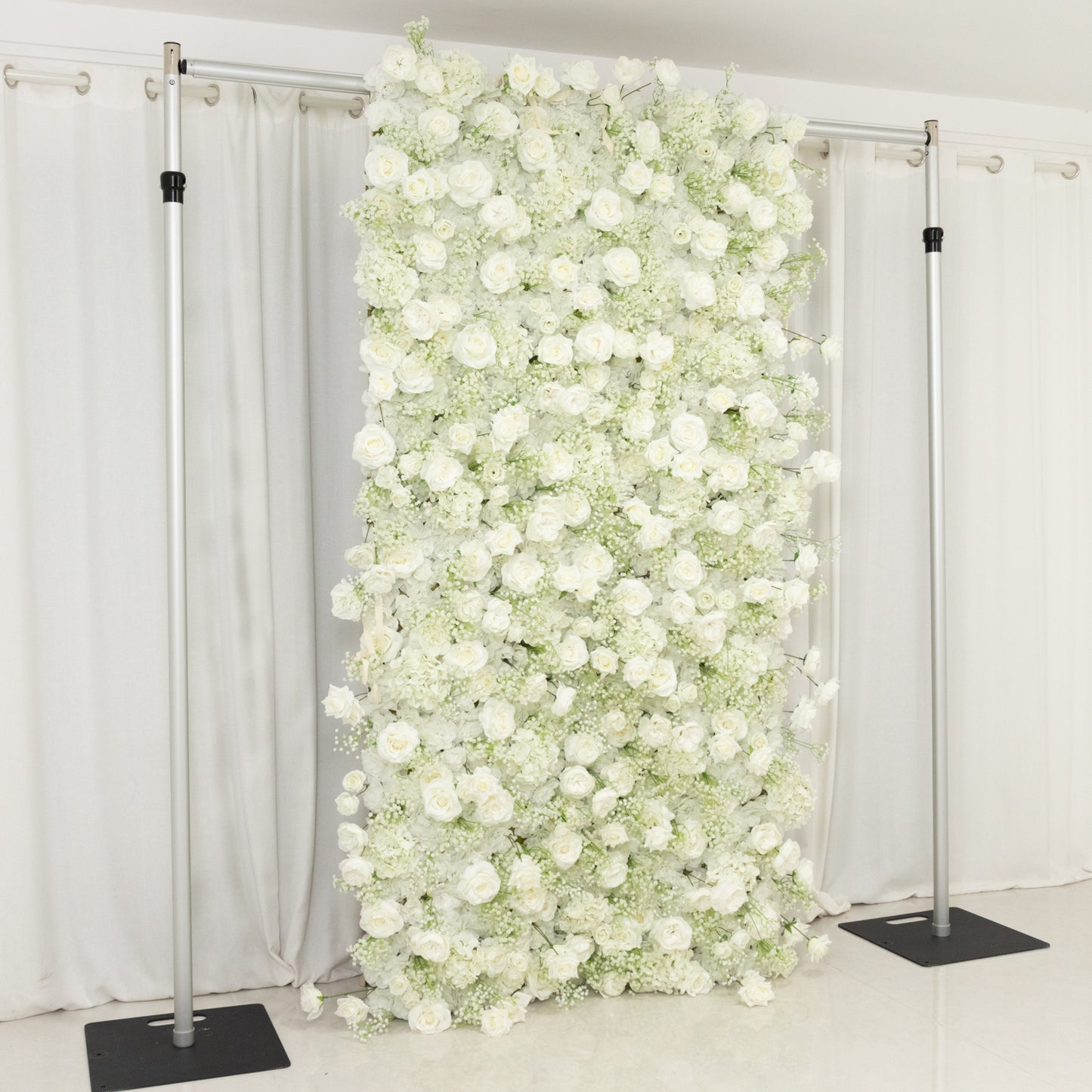8ftx4ft white artificial flower wall panel with silk roses and baby's breath