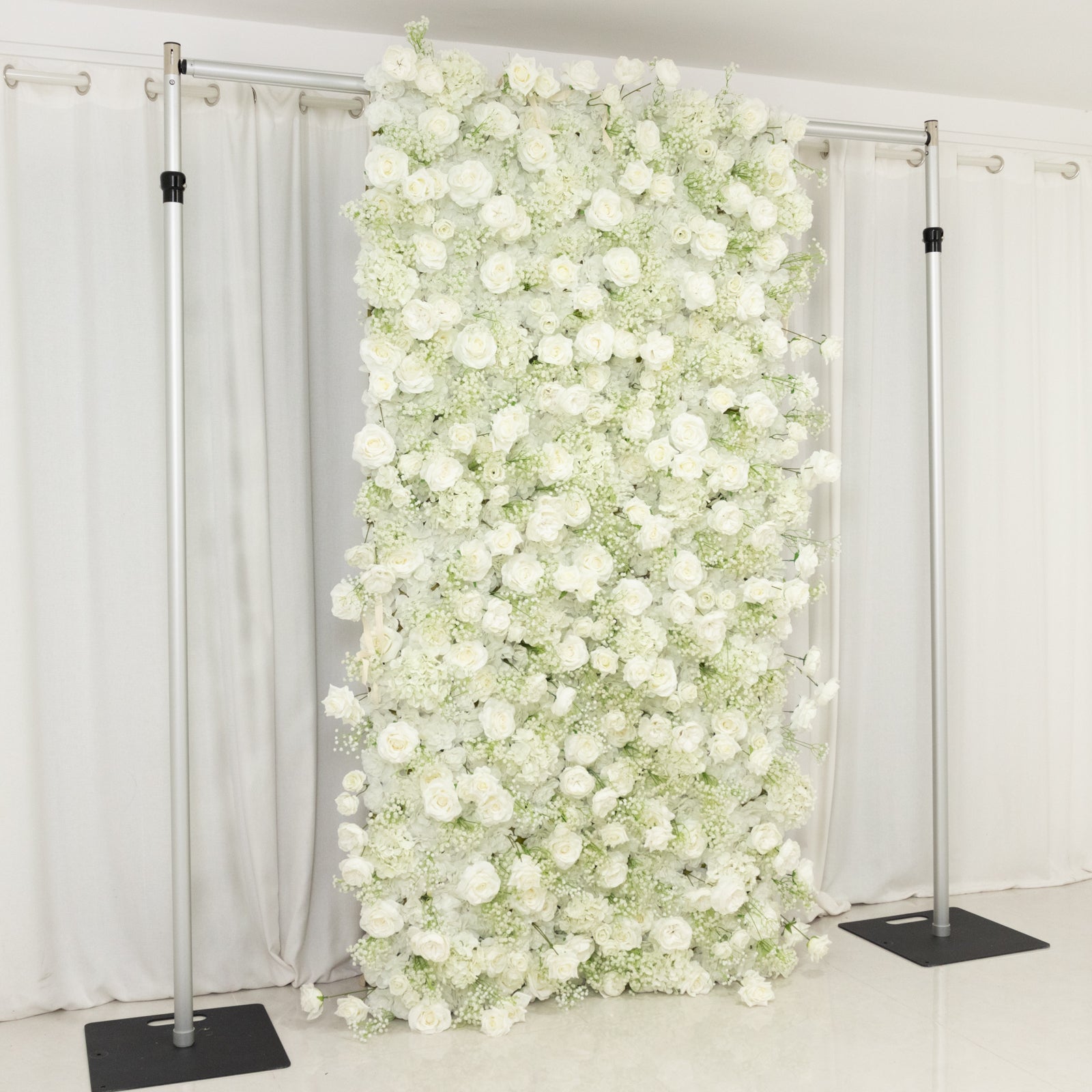 8ftx4ft white artificial flower wall panel with silk roses and baby's breath
