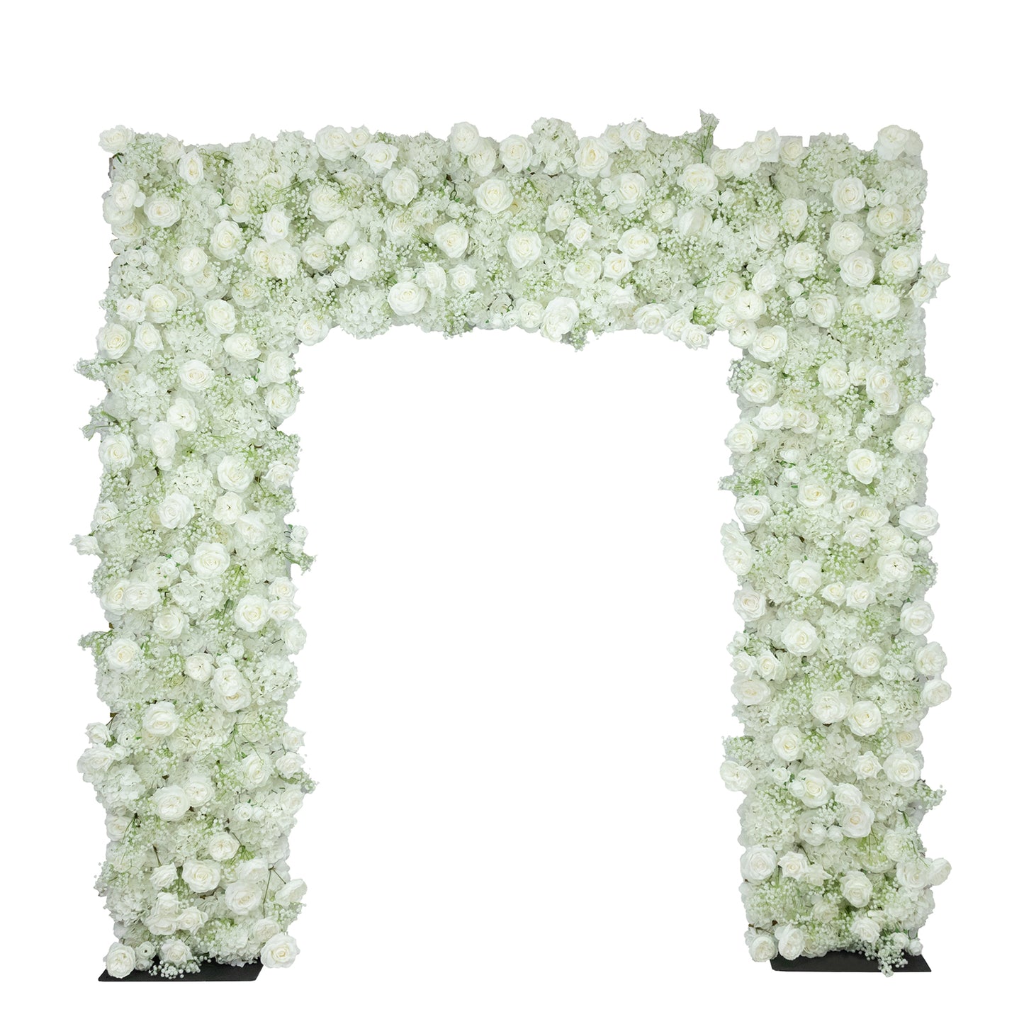 White silk rose and baby's breath flower backdrop for wedding arch.