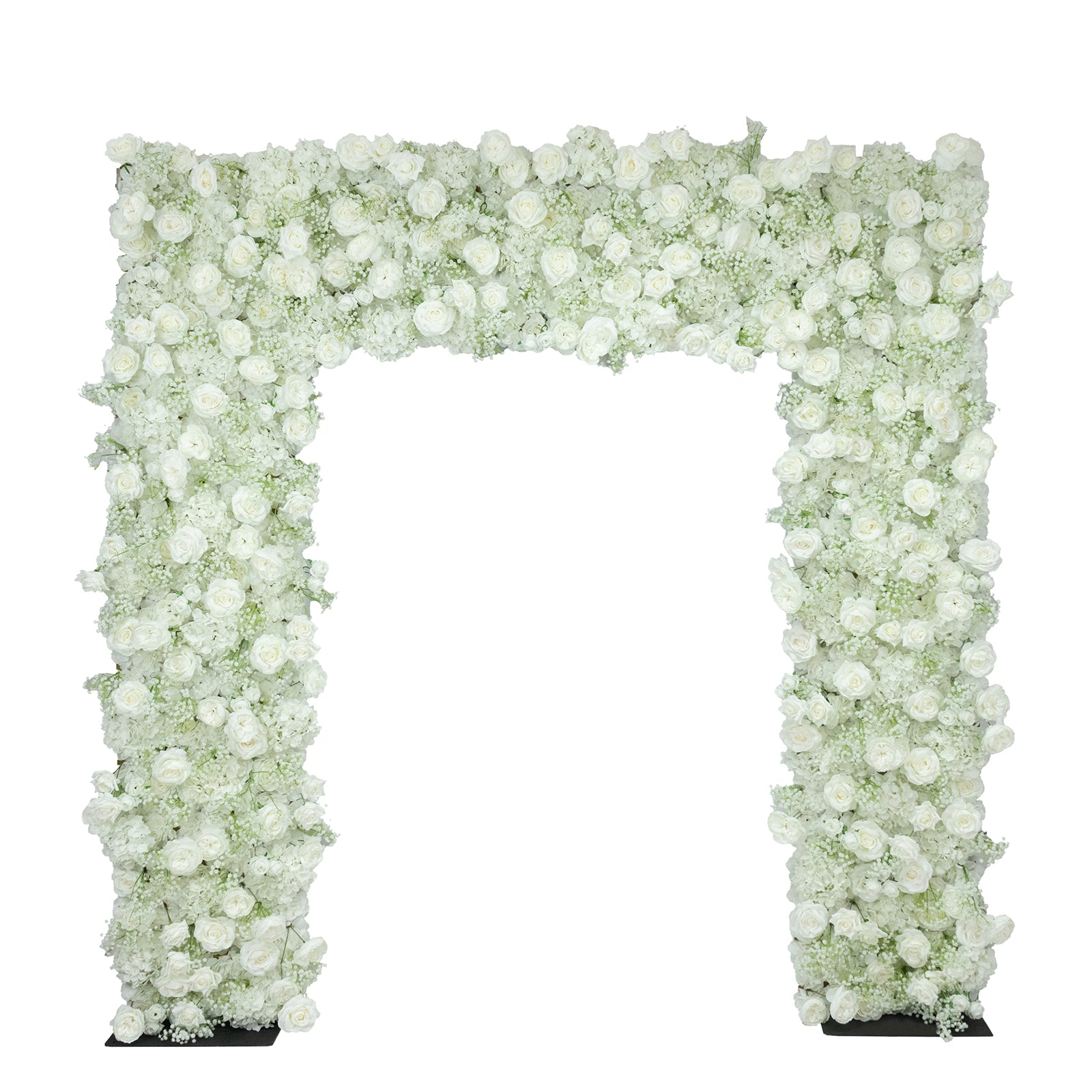 White silk rose and baby's breath flower backdrop for wedding arch.