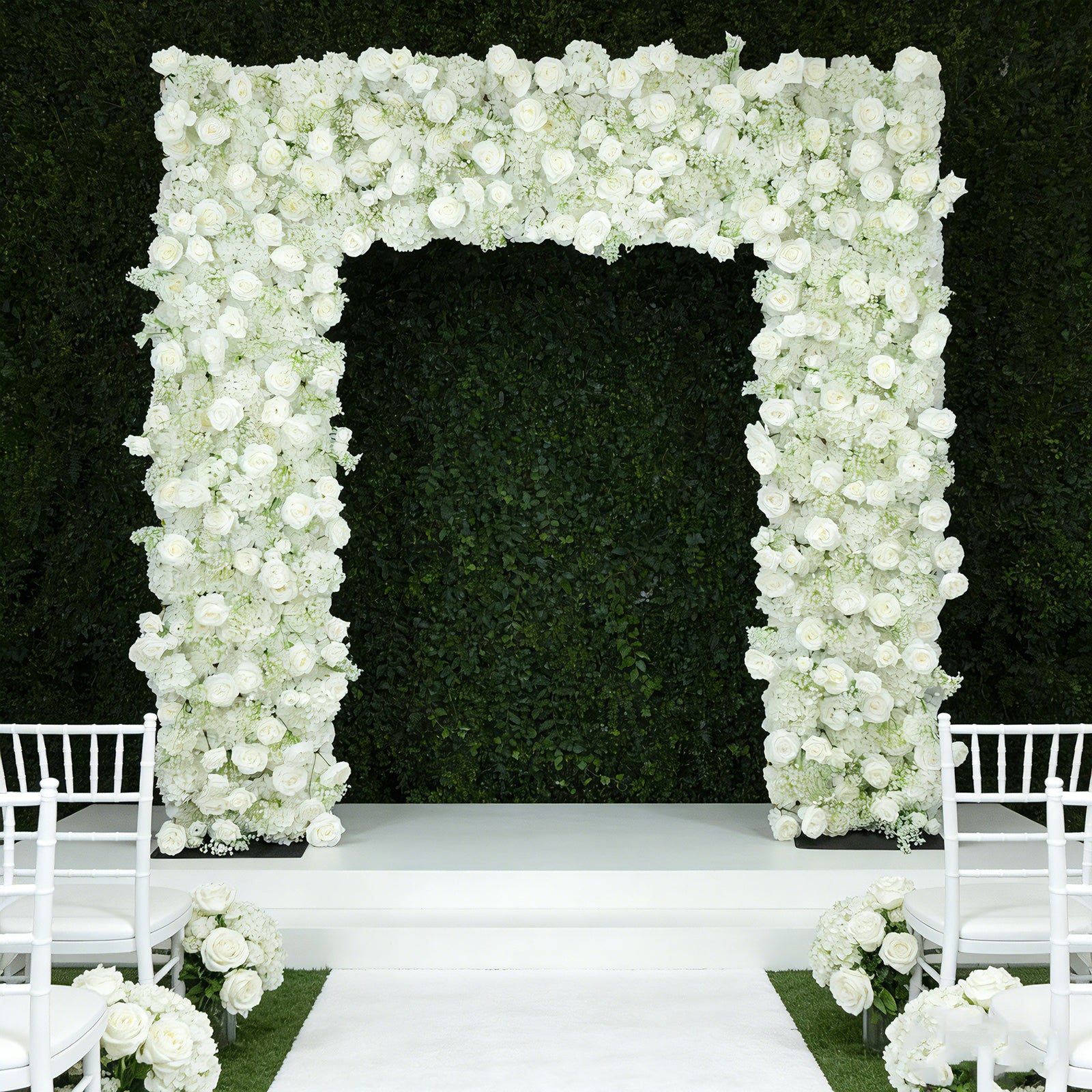 White floral backdrop for wedding arch with silk roses and baby's breath.