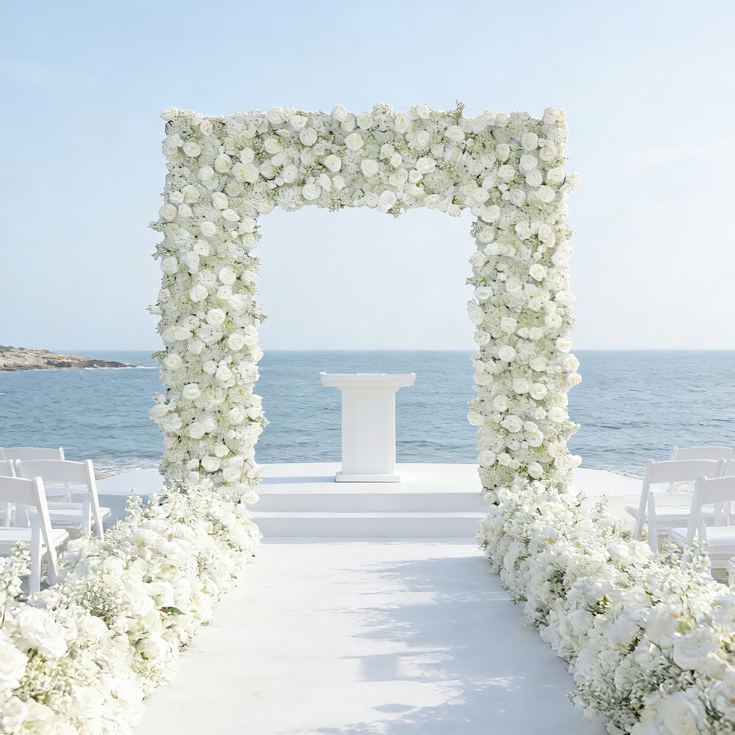 White artificial flower backdrop for wedding arch décor.