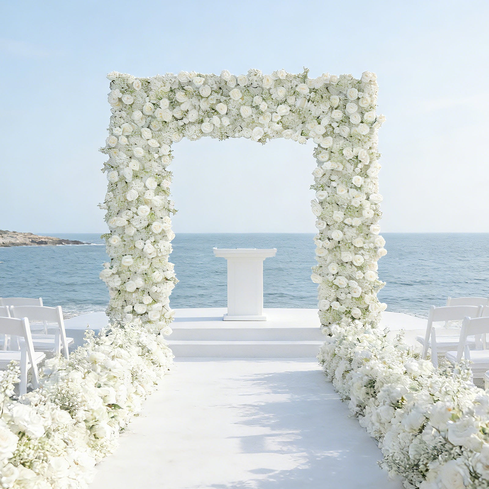 White artificial flower backdrop for wedding arch décor.