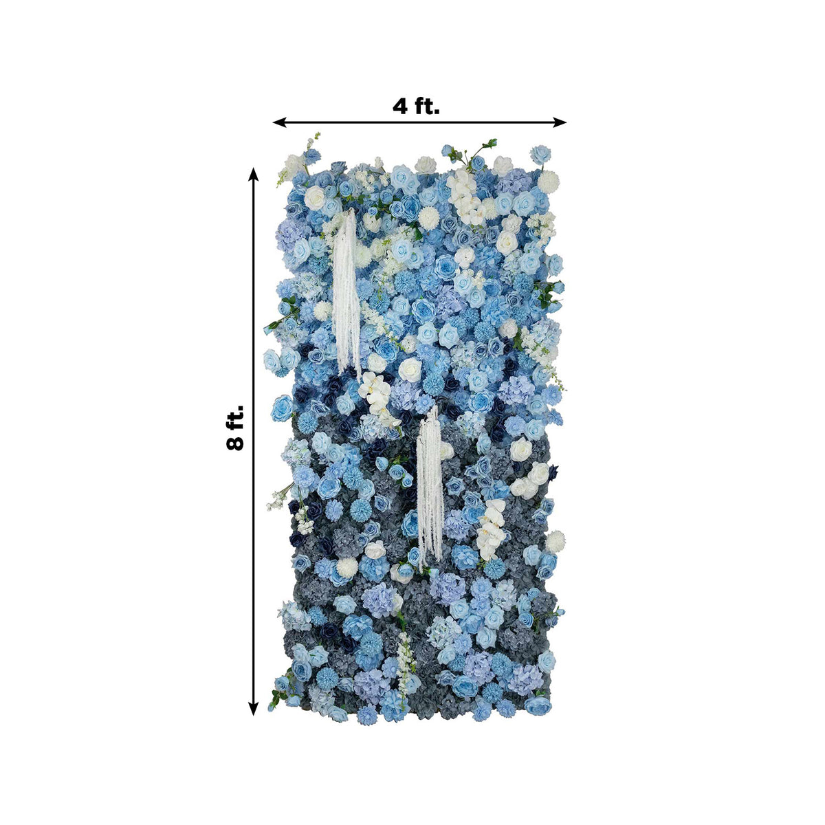 8ft x 4ft Roll Up Flower Wall Panel Backdrop - Mixed Blue & White Silk Roses, Hydrangeas & Chrysanth